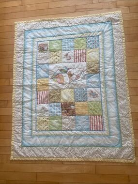 Beatrix Potter themed Patchwork Baby Quilt Pastel Blue/Green/Yellow 42”x34”
